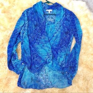 Flowy blue pattern long sleeve women's blouse